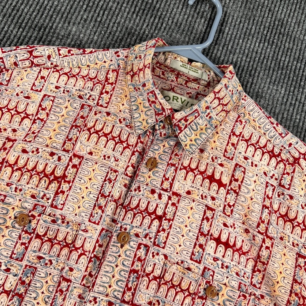 Orvis Shirt Mens Large Red Cream Geometric Short Sleeve Button Up India Made